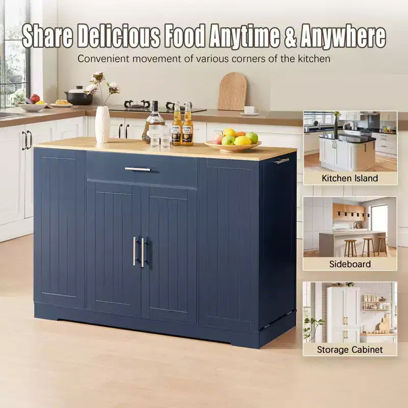 Okak Modrn Kitchen Island with Doors & Center Drawer & Trash Can Storage,Storage Cabinet Dining Sideboard for Kitchen,Dining Room
