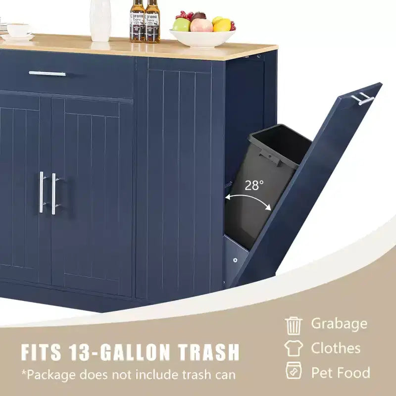 Okak Modrn Kitchen Island with Doors & Center Drawer & Trash Can Storage,Storage Cabinet Dining Sideboard for Kitchen,Dining Room
