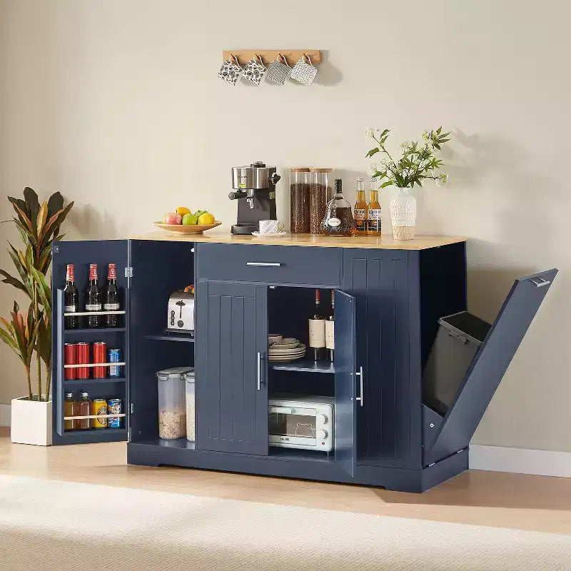 Okak Modrn Kitchen Island with Doors & Center Drawer & Trash Can Storage,Storage Cabinet Dining Sideboard for Kitchen,Dining Room