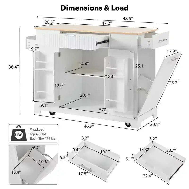 Okak Modrn Kitchen Island with Power Outlet & Tilt Trash Can,Rolling Kitchen Cart with Wheels & Racks,Storage Cabinet Dining Table