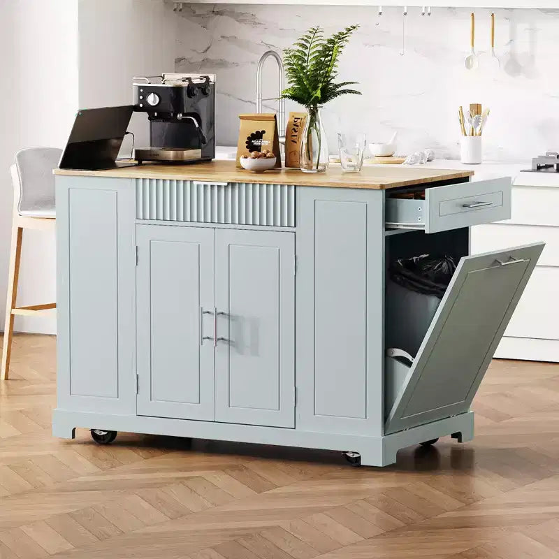 Okak Modrn Kitchen Island with Power Outlet & Tilt Trash Can,Rolling Kitchen Cart with Wheels & Racks,Storage Cabinet Dining Table