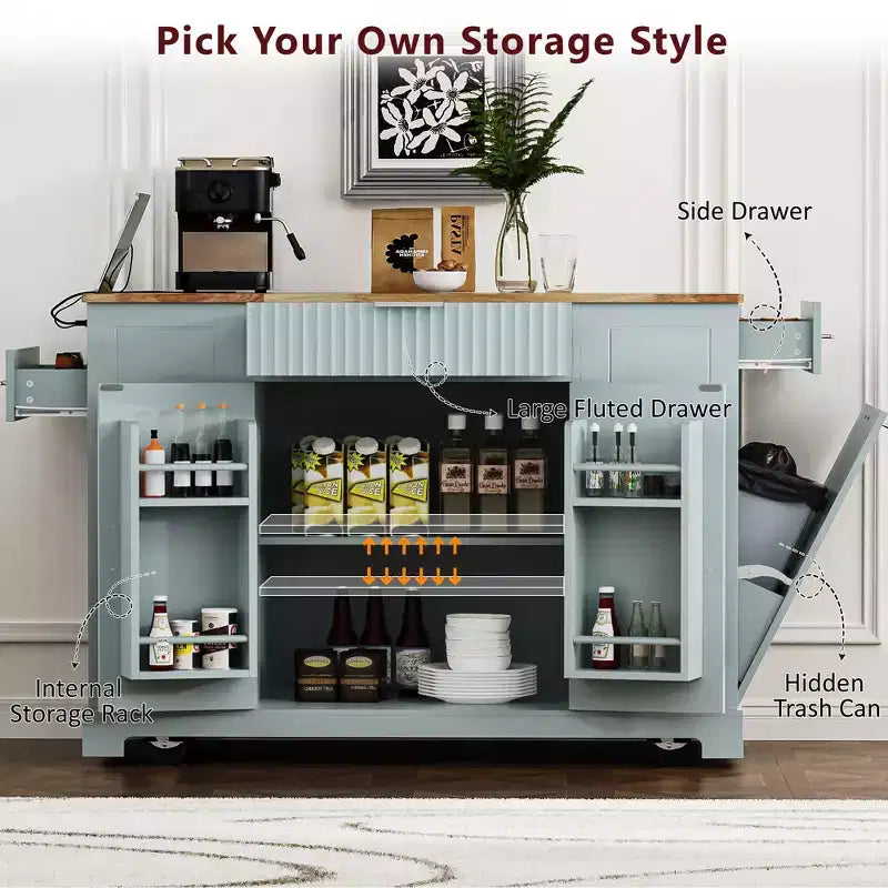 Okak Modrn Kitchen Island with Power Outlet & Tilt Trash Can,Rolling Kitchen Cart with Wheels & Racks,Storage Cabinet Dining Table