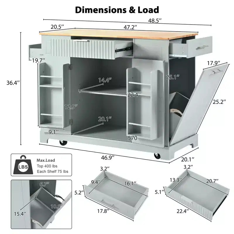Okak Modrn Kitchen Island with Power Outlet & Tilt Trash Can,Rolling Kitchen Cart with Wheels & Racks,Storage Cabinet Dining Table