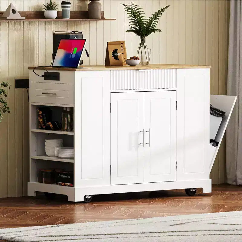 Okak Modrn Kitchen Island with Power Outlet & Tilt Trash Can,Rolling Kitchen Cart with Wheels & Racks,Storage Cabinet Dining Table