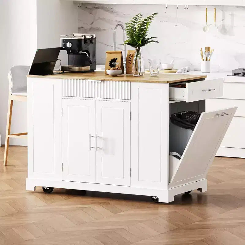 Okak Modrn Kitchen Island with Power Outlet & Tilt Trash Can,Rolling Kitchen Cart with Wheels & Racks,Storage Cabinet Dining Table