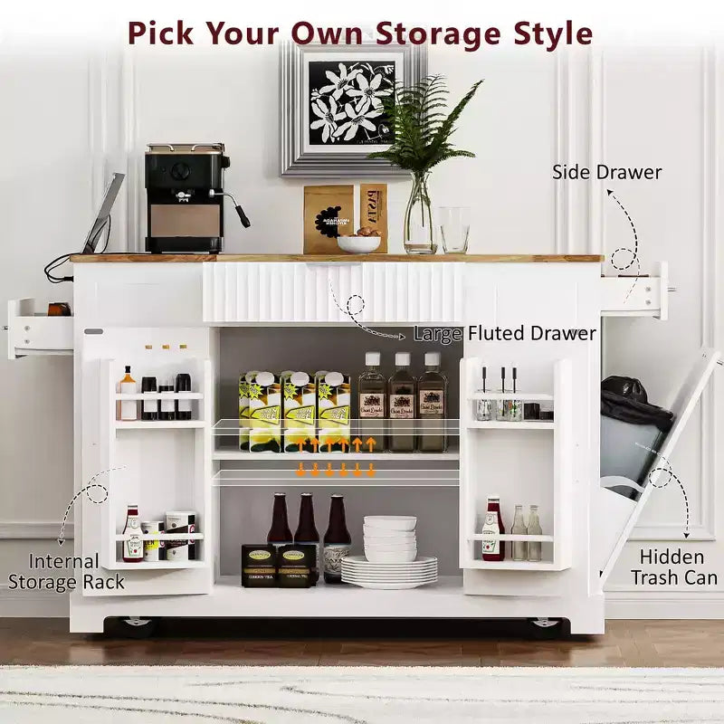 Okak Modrn Kitchen Island with Power Outlet & Tilt Trash Can,Rolling Kitchen Cart with Wheels & Racks,Storage Cabinet Dining Table
