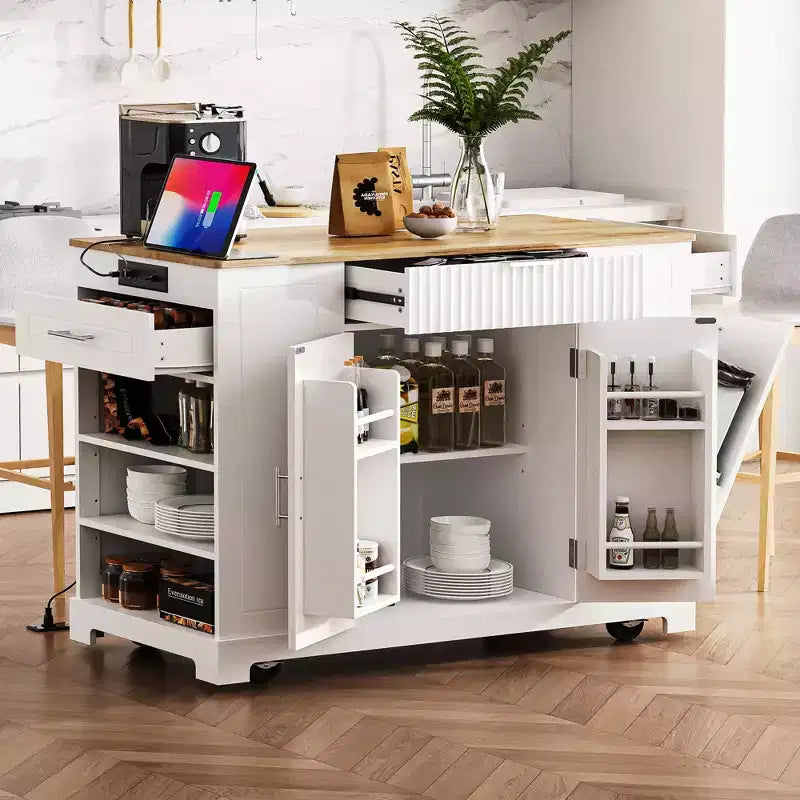 Okak Modrn Kitchen Island with Power Outlet & Tilt Trash Can,Rolling Kitchen Cart with Wheels & Racks,Storage Cabinet Dining Table