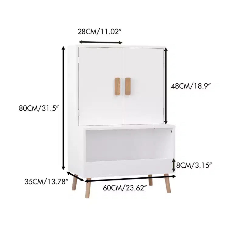 Whisen Kids Toy Storage Cabinet with Doors and Open Shelf, Modern Organizer with Natural Wood Legs - White