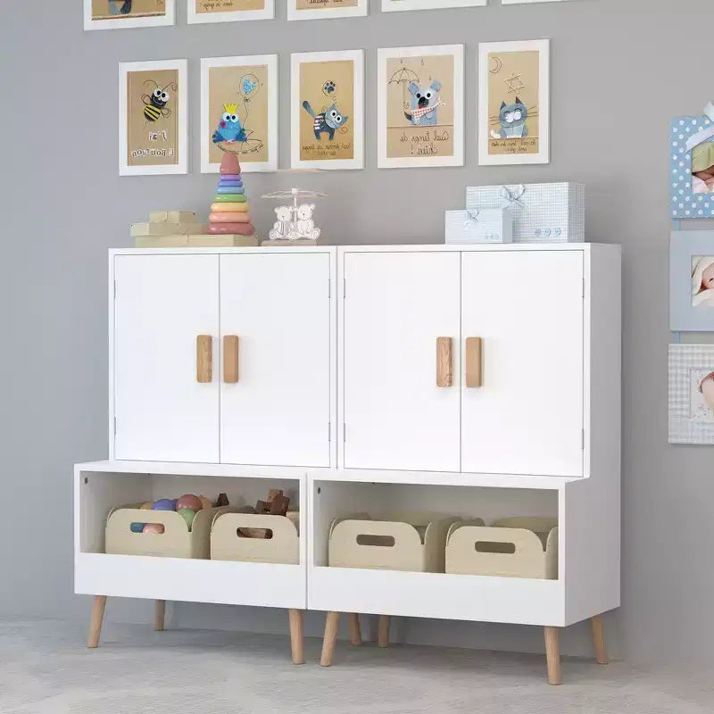 Whisen Kids Toy Storage Cabinet with Doors and Open Shelf, Modern Organizer with Natural Wood Legs - White