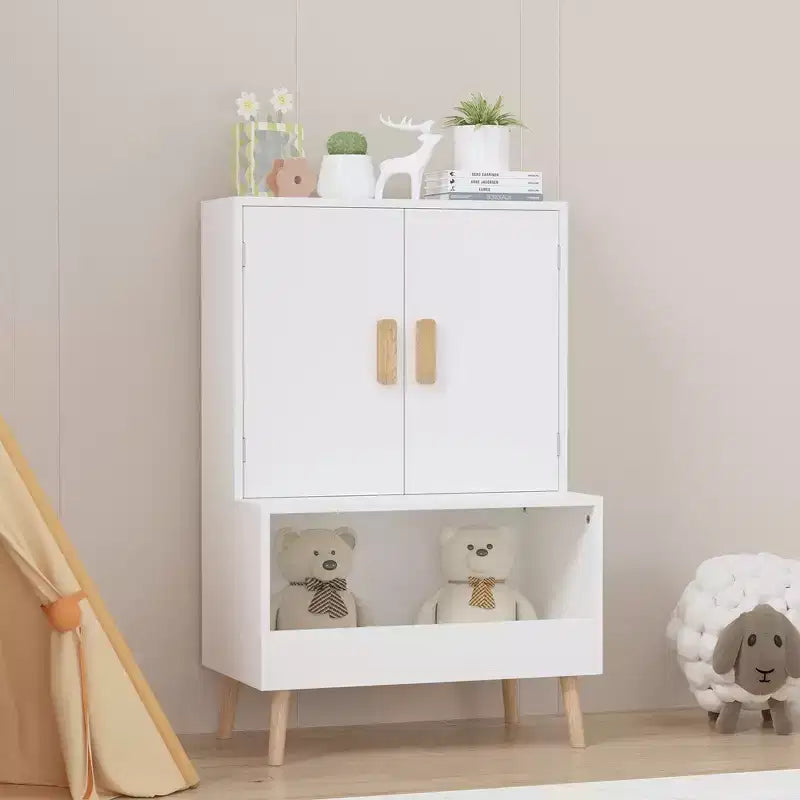 Whisen Kids Toy Storage Cabinet with Doors and Open Shelf, Modern Organizer with Natural Wood Legs - White