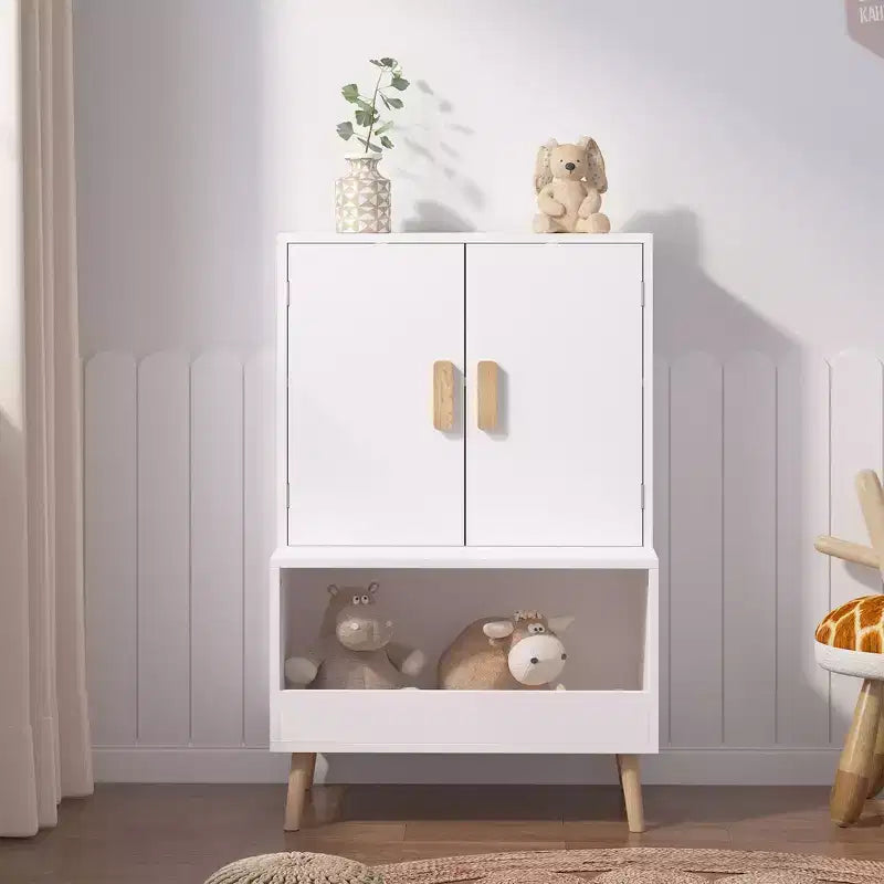 Whisen Kids Toy Storage Cabinet with Doors and Open Shelf, Modern Organizer with Natural Wood Legs - White