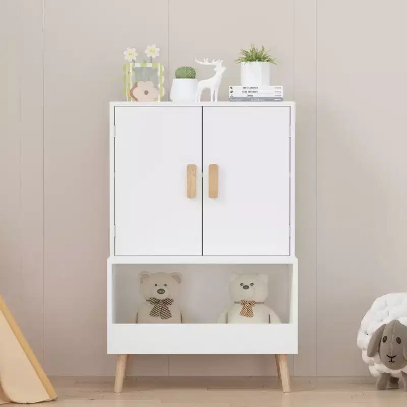 Whisen Kids Toy Storage Cabinet with Doors and Open Shelf, Modern Organizer with Natural Wood Legs - White