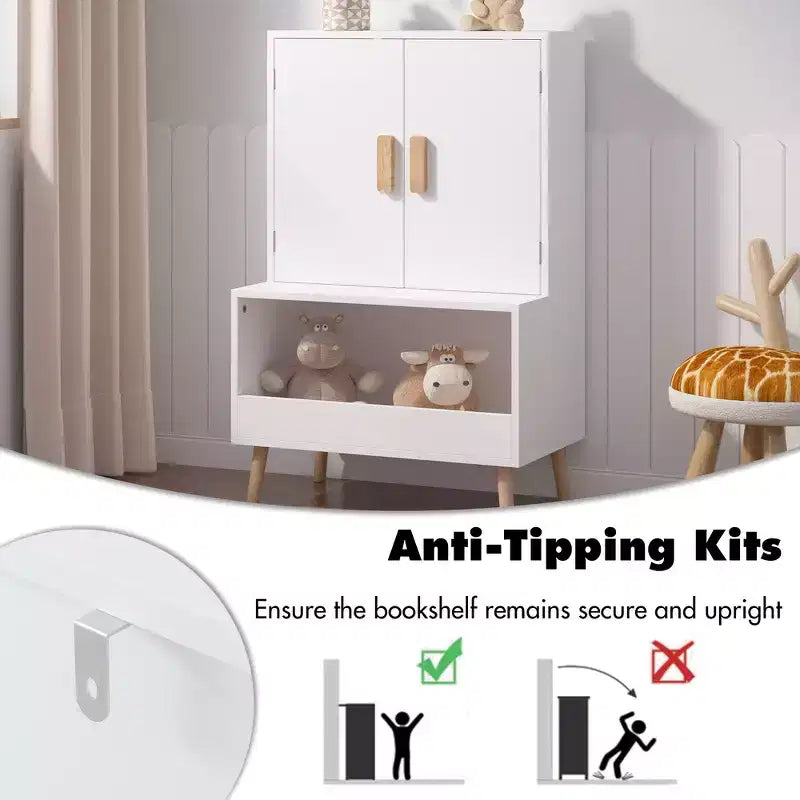 Whisen Kids Toy Storage Cabinet with Doors and Open Shelf, Modern Organizer with Natural Wood Legs - White