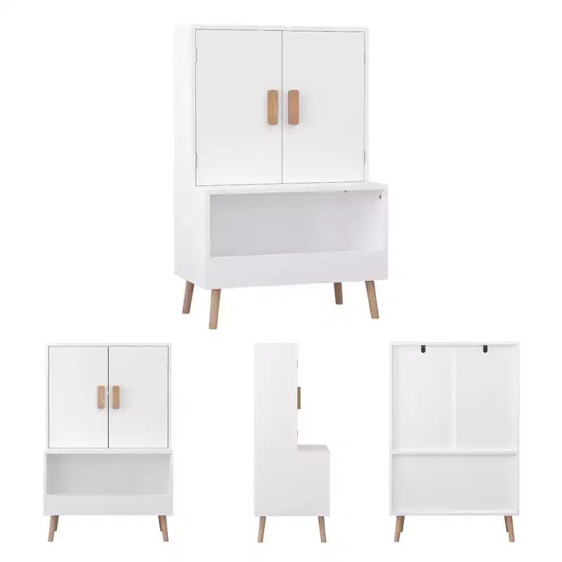 Whisen Kids Toy Storage Cabinet with Doors and Open Shelf, Modern Organizer with Natural Wood Legs - White