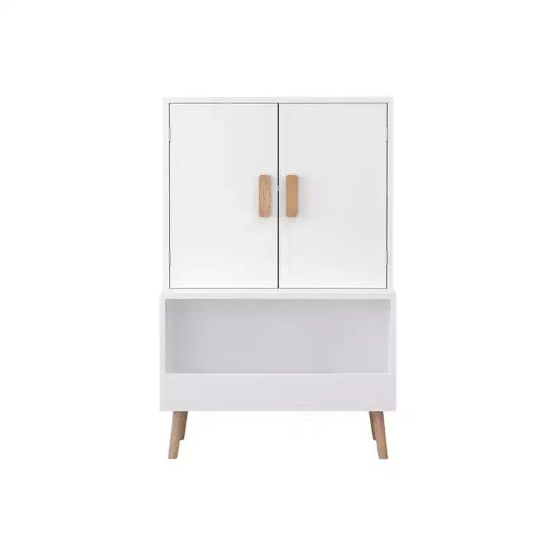 Whisen Kids Toy Storage Cabinet with Doors and Open Shelf, Modern Organizer with Natural Wood Legs - White