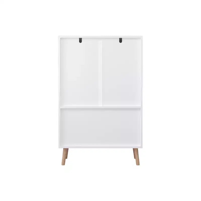 Whisen Kids Toy Storage Cabinet with Doors and Open Shelf, Modern Organizer with Natural Wood Legs - White