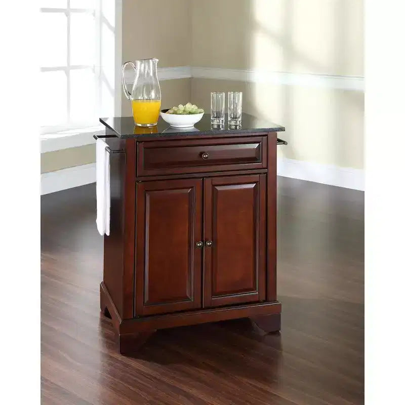 HomeStock Lafayette Granite Top Small Portable Rolling Kitchen Island Storage Cart, Microwave Stand, Black
