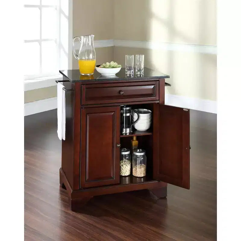 HomeStock Lafayette Granite Top Small Portable Rolling Kitchen Island Storage Cart, Microwave Stand, Black