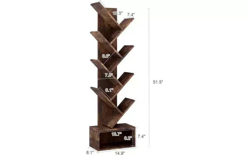 GustoWave Tier Wooden Tall Bookshelf with Storage, Corner Bookshelf, Tree Bookshelf, for Living Room, Bedroom, Home Office
