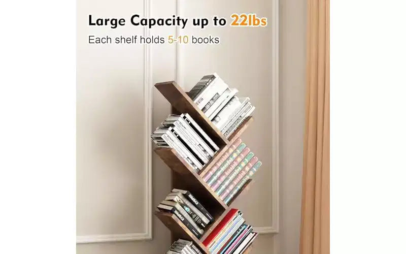 GustoWave Tier Wooden Tall Bookshelf with Storage, Corner Bookshelf, Tree Bookshelf, for Living Room, Bedroom, Home Office