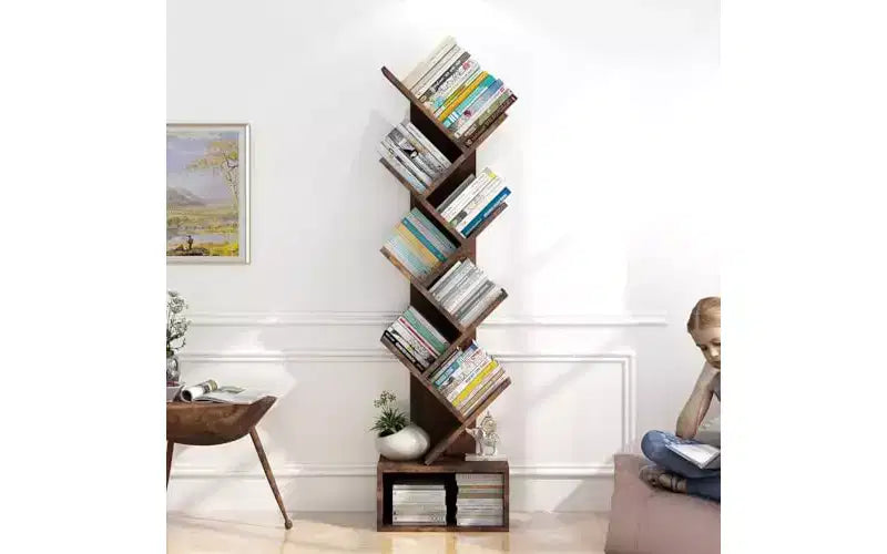 GustoWave Tier Wooden Tall Bookshelf with Storage, Corner Bookshelf, Tree Bookshelf, for Living Room, Bedroom, Home Office