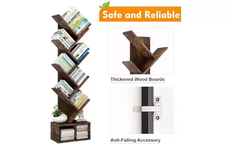 GustoWave Tier Wooden Tall Bookshelf with Storage, Corner Bookshelf, Tree Bookshelf, for Living Room, Bedroom, Home Office