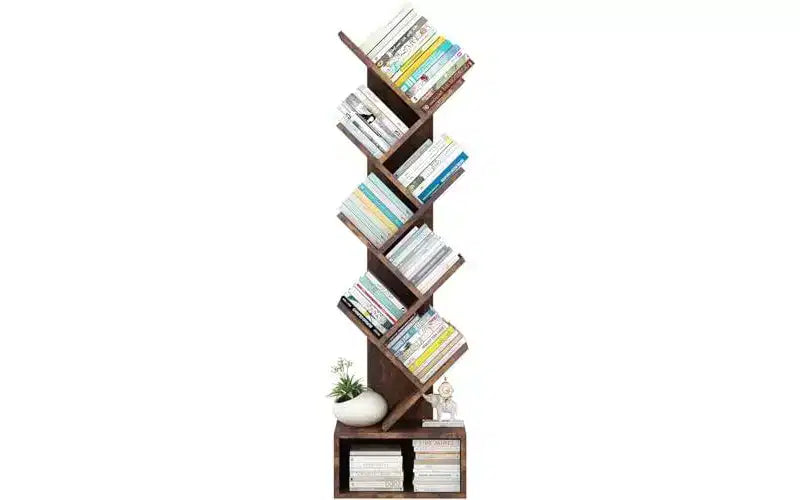 GustoWave Tier Wooden Tall Bookshelf with Storage, Corner Bookshelf, Tree Bookshelf, for Living Room, Bedroom, Home Office