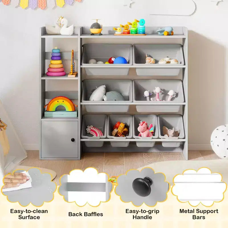 Costway Kids Toy Storage and Bookshelf, Wooden Bookcase with 4 Small Boxes & 4 Large Boxes Gray/White