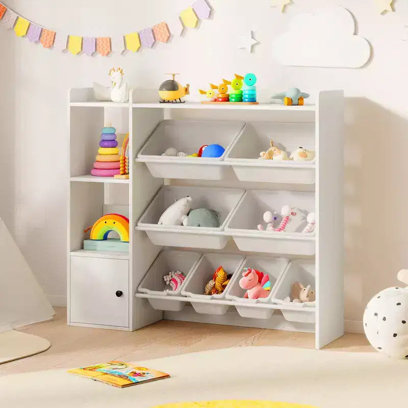 Costway Kids Toy Storage and Bookshelf, Wooden Bookcase with 4 Small Boxes & 4 Large Boxes Gray/White