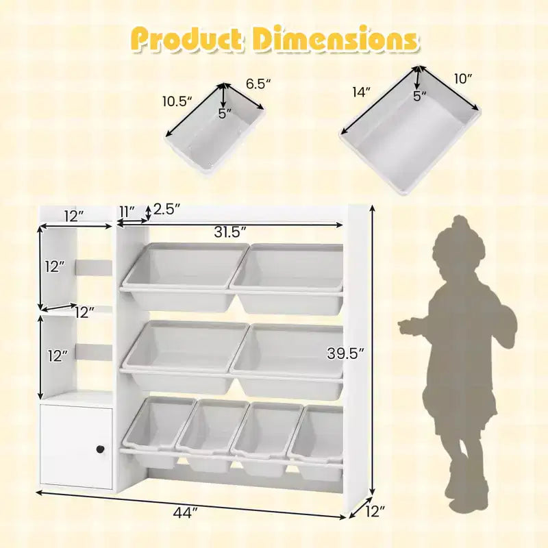 Costway Kids Toy Storage and Bookshelf, Wooden Bookcase with 4 Small Boxes & 4 Large Boxes Gray/White