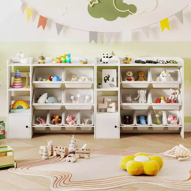 Costway Kids Toy Storage and Bookshelf, Wooden Bookcase with 4 Small Boxes & 4 Large Boxes Gray/White