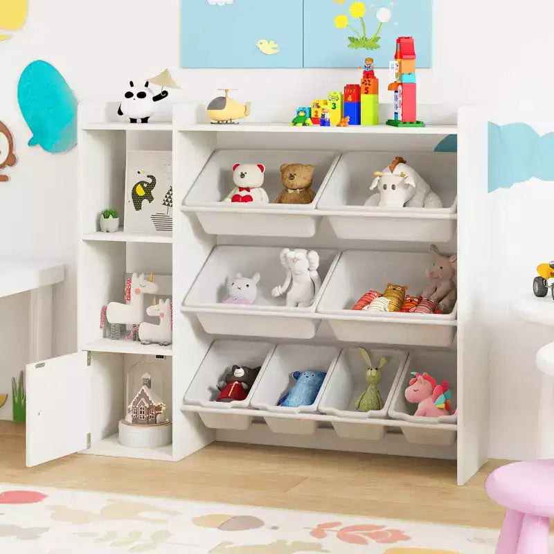 Costway Kids Toy Storage and Bookshelf, Wooden Bookcase with 4 Small Boxes & 4 Large Boxes Gray/White