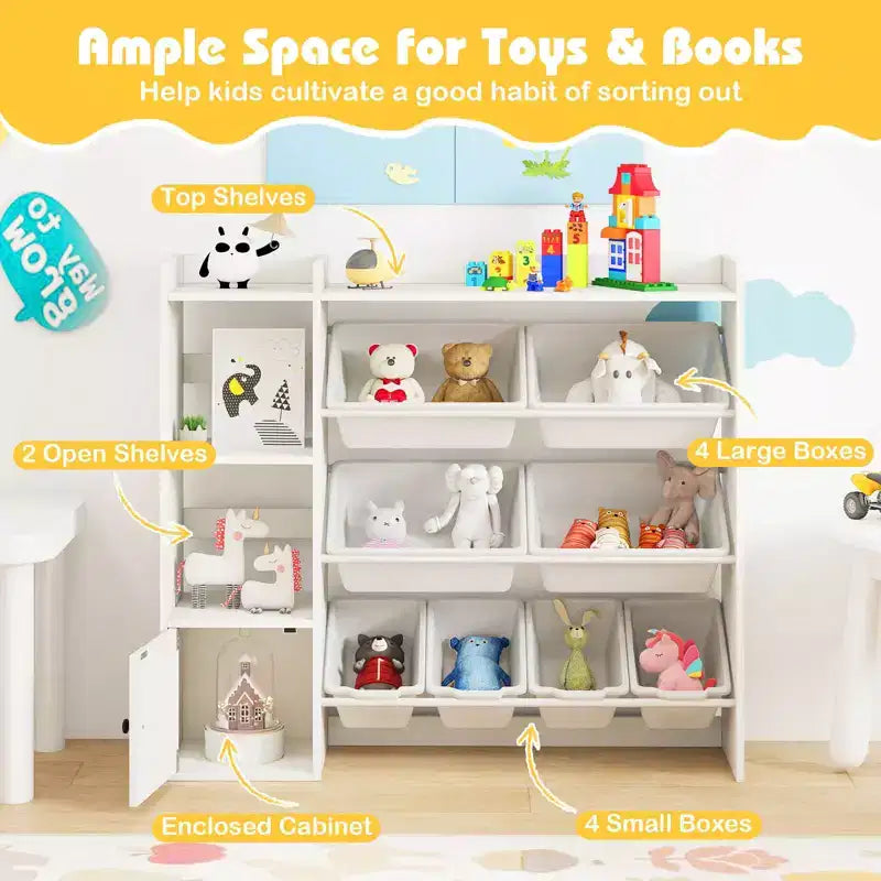 Costway Kids Toy Storage and Bookshelf, Wooden Bookcase with 4 Small Boxes & 4 Large Boxes Gray/White