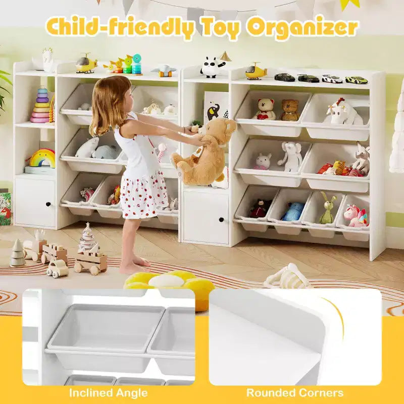 Costway Kids Toy Storage and Bookshelf, Wooden Bookcase with 4 Small Boxes & 4 Large Boxes Gray/White
