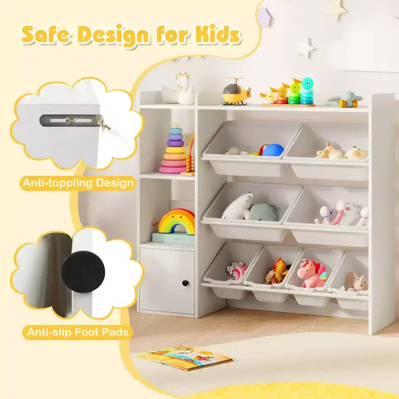 Costway Kids Toy Storage and Bookshelf, Wooden Bookcase with 4 Small Boxes & 4 Large Boxes Gray/White