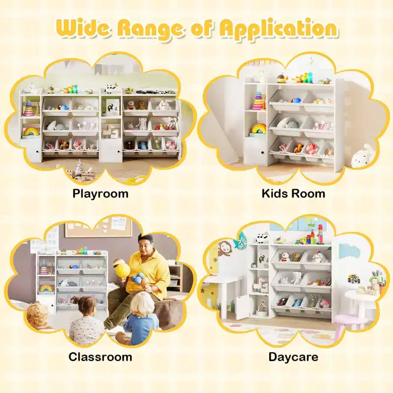 Costway Kids Toy Storage and Bookshelf, Wooden Bookcase with 4 Small Boxes & 4 Large Boxes Gray/White