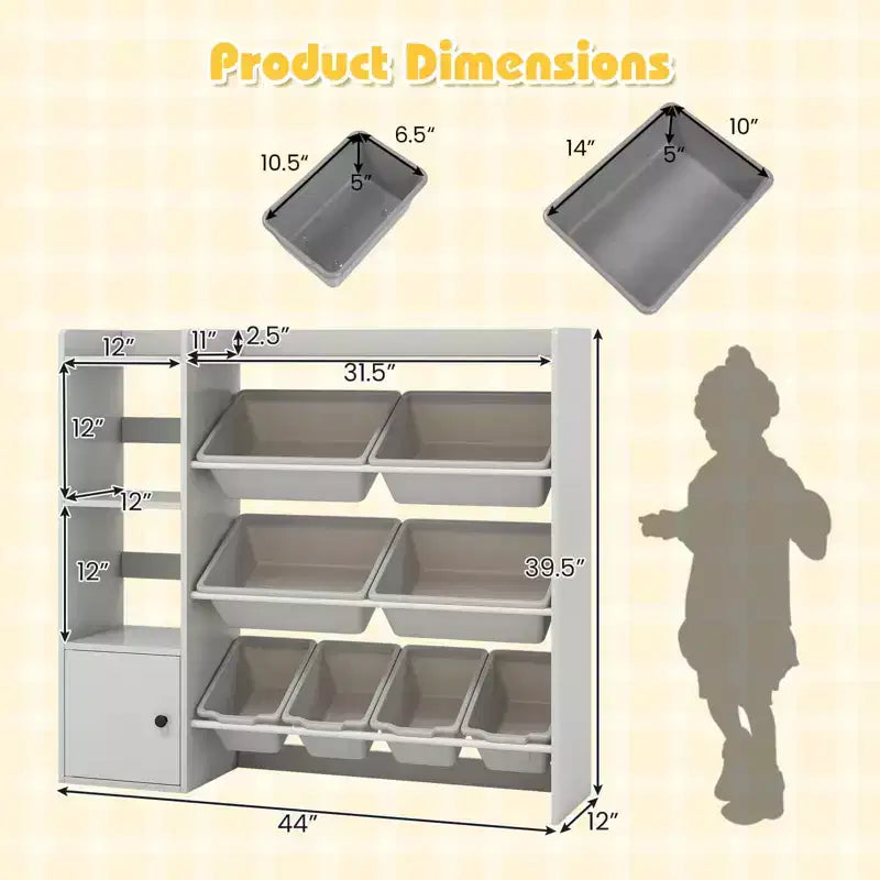 Costway Kids Toy Storage and Bookshelf, Wooden Bookcase with 4 Small Boxes & 4 Large Boxes Gray/White