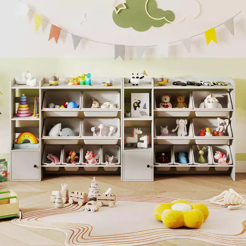 Costway Kids Toy Storage and Bookshelf, Wooden Bookcase with 4 Small Boxes & 4 Large Boxes Gray/White