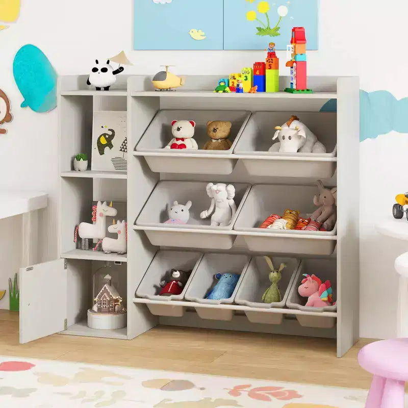 Costway Kids Toy Storage and Bookshelf, Wooden Bookcase with 4 Small Boxes & 4 Large Boxes Gray/White