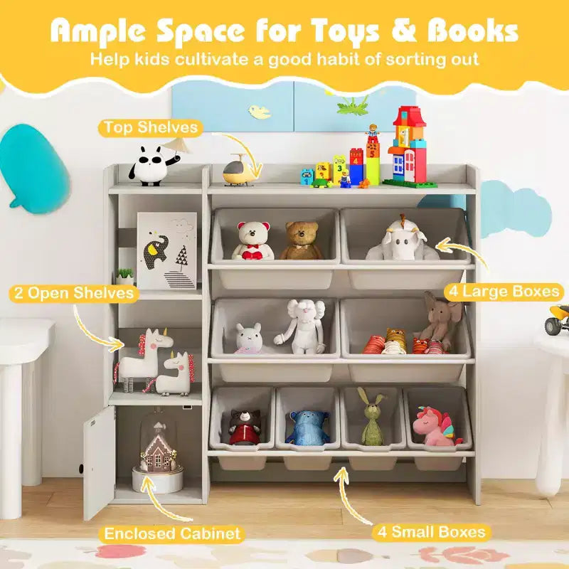 Costway Kids Toy Storage and Bookshelf, Wooden Bookcase with 4 Small Boxes & 4 Large Boxes Gray/White