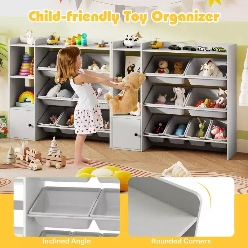 Costway Kids Toy Storage and Bookshelf, Wooden Bookcase with 4 Small Boxes & 4 Large Boxes Gray/White