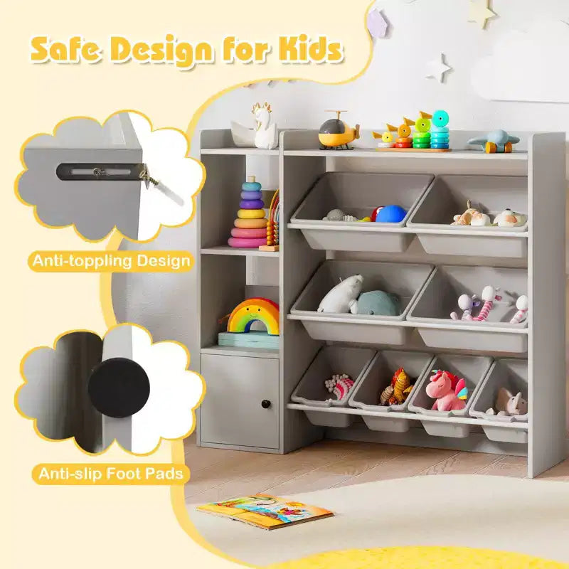 Costway Kids Toy Storage and Bookshelf, Wooden Bookcase with 4 Small Boxes & 4 Large Boxes Gray/White