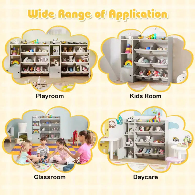 Costway Kids Toy Storage and Bookshelf, Wooden Bookcase with 4 Small Boxes & 4 Large Boxes Gray/White