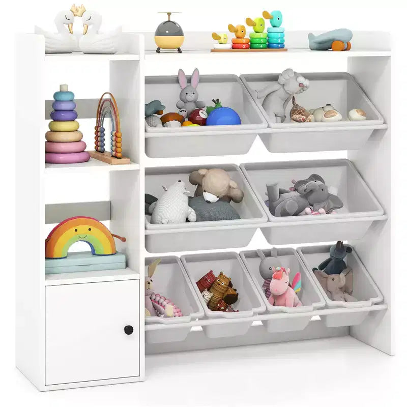 Costway Kids Toy Storage and Bookshelf, Wooden Bookcase with 4 Small Boxes & 4 Large Boxes Gray/White