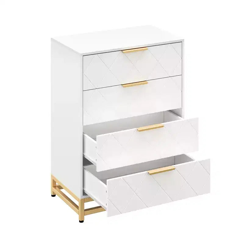 Wooden drawer cabinet, modern tall storage unit with anti-tip device, suitable for bedrooms, living rooms, and hallways.
