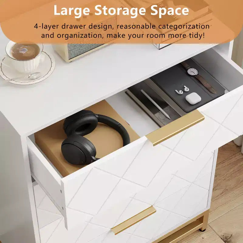 Wooden drawer cabinet, modern tall storage unit with anti-tip device, suitable for bedrooms, living rooms, and hallways.