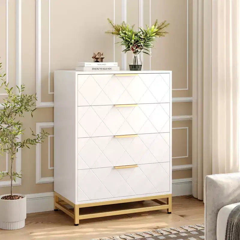 Wooden drawer cabinet, modern tall storage unit with anti-tip device, suitable for bedrooms, living rooms, and hallways.