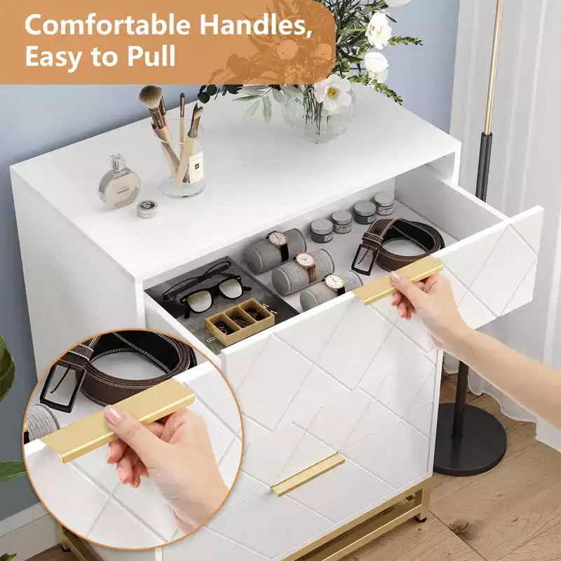 Wooden drawer cabinet, modern tall storage unit with anti-tip device, suitable for bedrooms, living rooms, and hallways.
