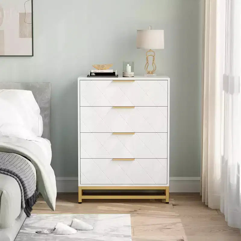 Wooden drawer cabinet, modern tall storage unit with anti-tip device, suitable for bedrooms, living rooms, and hallways.
