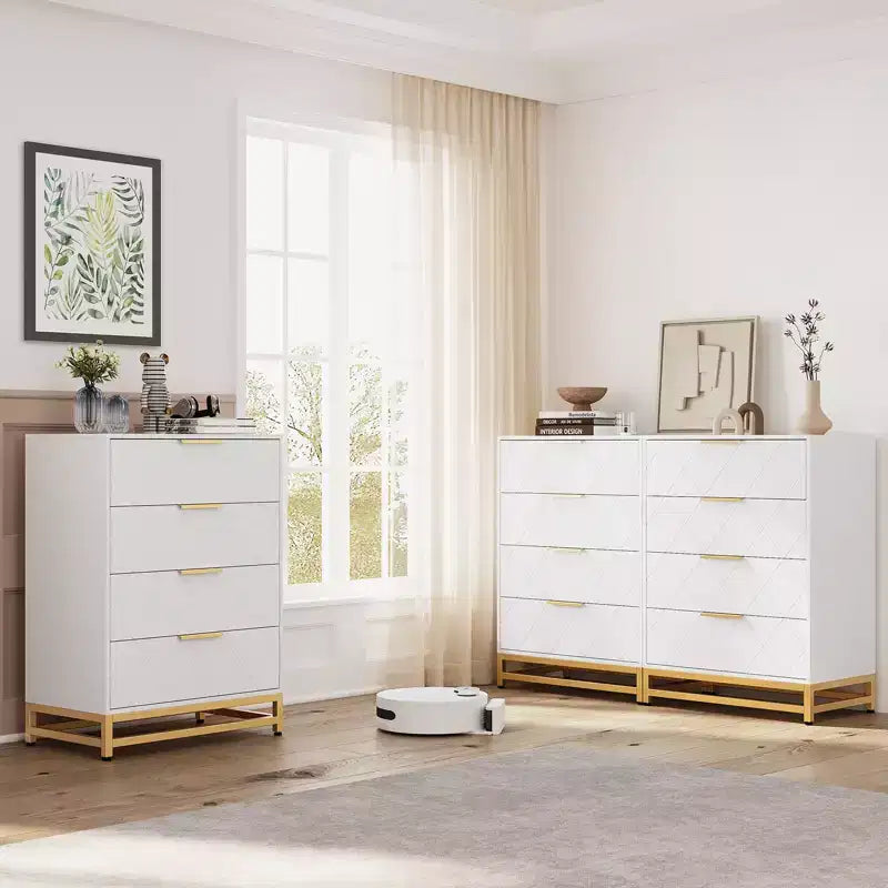 Wooden drawer cabinet, modern tall storage unit with anti-tip device, suitable for bedrooms, living rooms, and hallways.